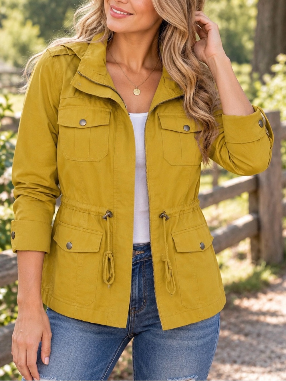 Chocolate USA Women’s Medium Mustard Yellow Hooded Utility Jacket Safari